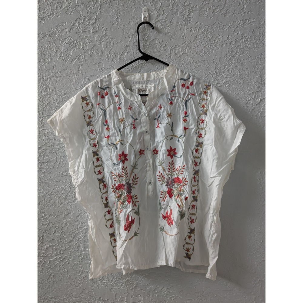 Johnny Was Biya B12621-3 Embroidered Blouse Womens XS Cupra Rayon White Boho